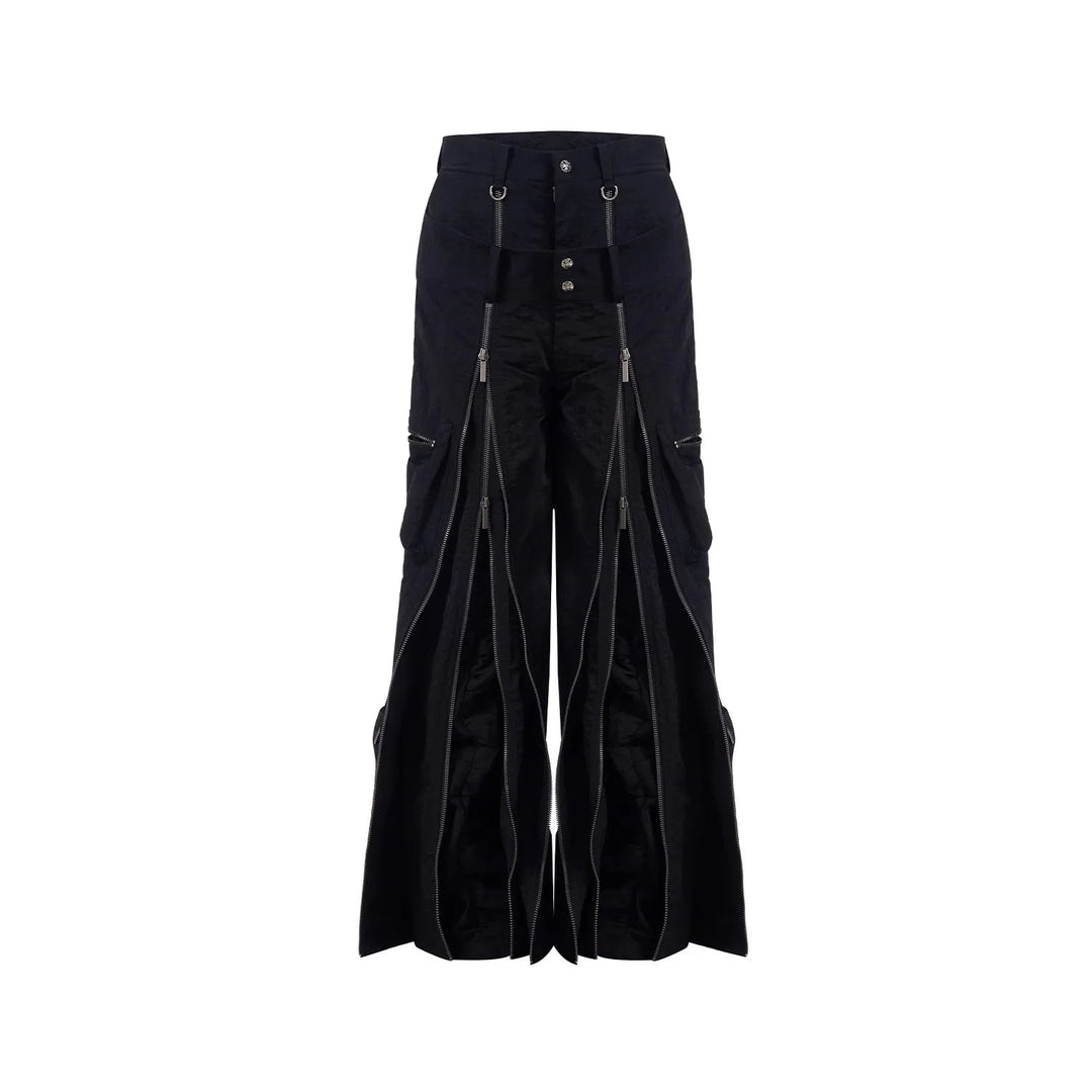 Mauroicardi Frühling Herbst Coole schwarze Baggy-Techwear-Hose mit weitem Bein für Herren mit vielen Reißverschlüssen Luxus-Designer-Kleidung Streetwear Festival Outfits | Techno Shirts | Rave Clothing