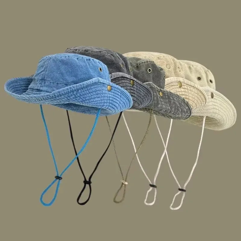 2025 Blaue Cowboy-Wander-Eimerhüte mit Schnur, Herren-Denim-Strand-Sonnenhut für Damen, Outdoor, Paar, Bob, Panama, Sommer-Fischerkappe Festival Outfits | Techno Shirts | Rave Clothing