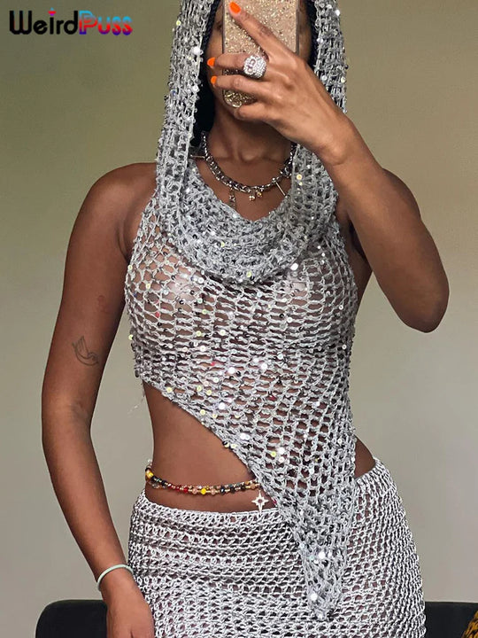 Weird Puss Sequins Women 2piece Set Sexy See Through Irregular Backless Hooded Tank Tops+Peach Hip Skirts Midnight Clubwear Suit Festival Outfits | Techno Shirts | Rave Clothing