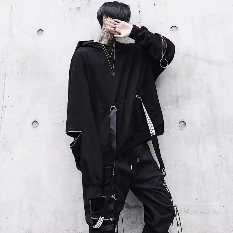 Männer Sets Schwarz Hoodies + Hosen Punk Grafik Zipper Mit Kapuze Sweatshirts Cargo Pant Männer Übergroße Lose Streetwear Anzüge FESTIVAL OUTFITS & STREETWEAR