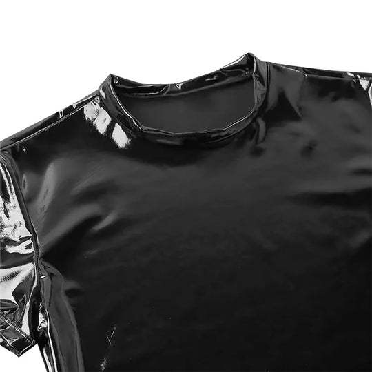 Männer glänzendes Hemd Wetlook Lack leder kurze Ärmel Sommer sexy T-Shirt Bühne Nachtclub Tops lässige Unterhemden Kleidung a50 Festival Outfits | Techno Shirts | Rave Clothing