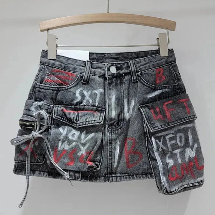 Deat trend ige Vintage Damen Print Brief Tasche Mini Denim Röcke Frühling Mode neue Artikel hohe Taille Rock weiblich 11x FESTIVAL OUTFITS & STREETWEAR