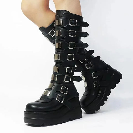 Long Boots Women Gothic Shoes Platform Knee High Boots Punk Black Sexy Motorcycles Boots 2024 New Halloween Cosplay Women Boots FESTIVAL OUTFITS & STREETWEAR