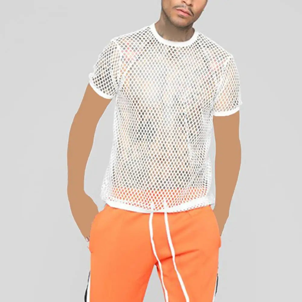 Men Top Clubwear Hollow Out Color Fishnet Block Round Neck Short Sleeves See-through Streetwear Loose Breathable Men Party T-shi Festival Outfits | Techno Shirts | Rave Clothing