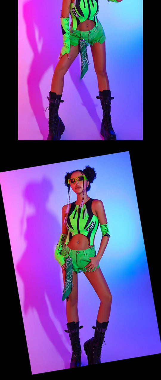 2023 Jazz Dance Costumes For Women Sexy Fluorescent Green Tops Shorts Kpop Outfits Nightclub Bar Gogo Dancers Clothes DQS12771 Festival Outfits | Techno Shirts | Rave Clothing