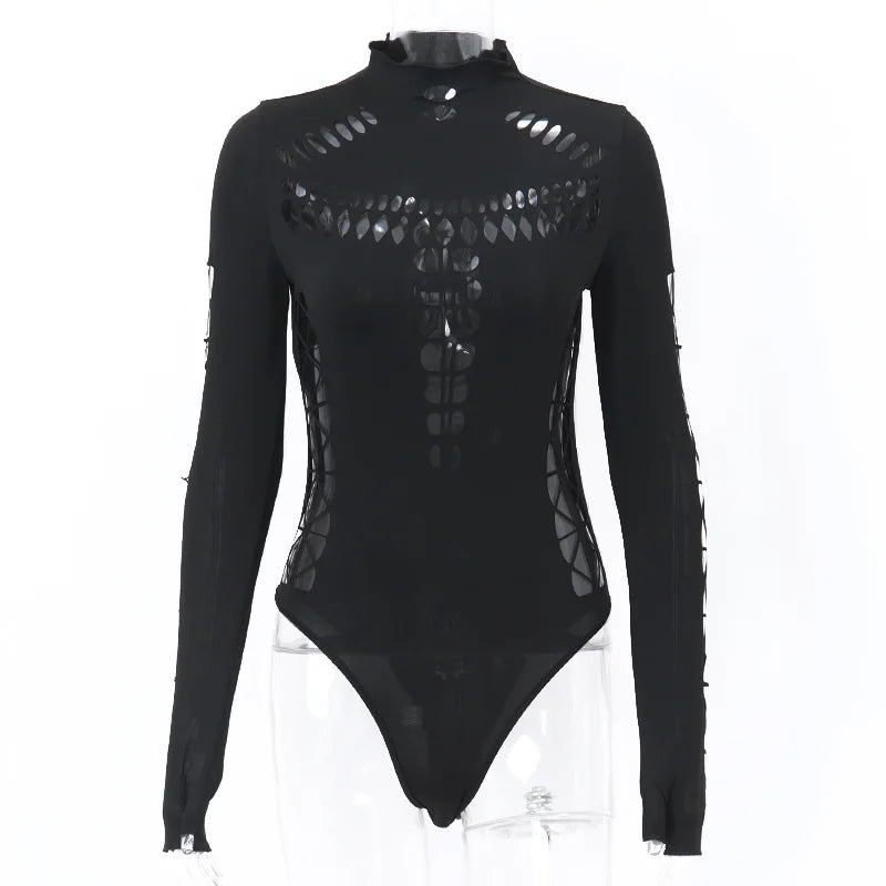 Seltsamer Kater aushöhlen Frauen Bodysuit kreuz und quer voller Ärmel Herbst Trend dünn sexy solide Rave Party Club Streetwear Outfit FESTIVAL OUTFITS & STREETWEAR