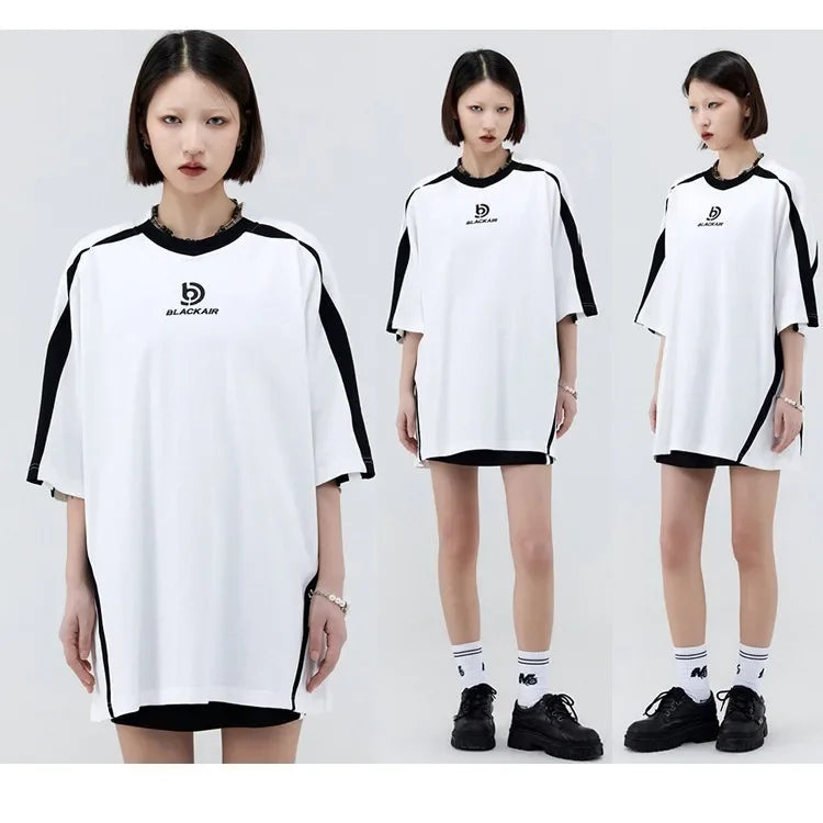 Vintage Spliced Shoulder Short Sleeve T-Shirt Men Women Summer Streetwear Oversize Pair Loose-Fit Top Round Neck Material Festival Outfits | Techno Shirts | Rave Clothing