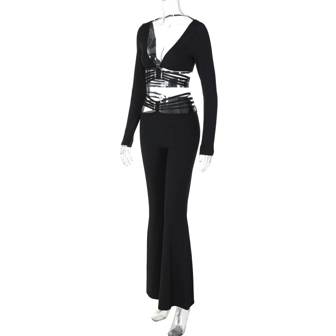 Dulzura Sexy aushöhlen 2-teiliges Hosen-Set mit langen Ärmeln, rückenfreiem, schmalem Crop-Top und Schlaghose, passendes Set, Party, Club, Streetwear Festival Outfits | Techno Shirts | Rave Clothing