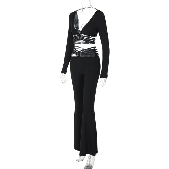 Dulzura Sexy aushöhlen 2-teiliges Hosen-Set mit langen Ärmeln, rückenfreiem, schmalem Crop-Top und Schlaghose, passendes Set, Party, Club, Streetwear Festival Outfits | Techno Shirts | Rave Clothing