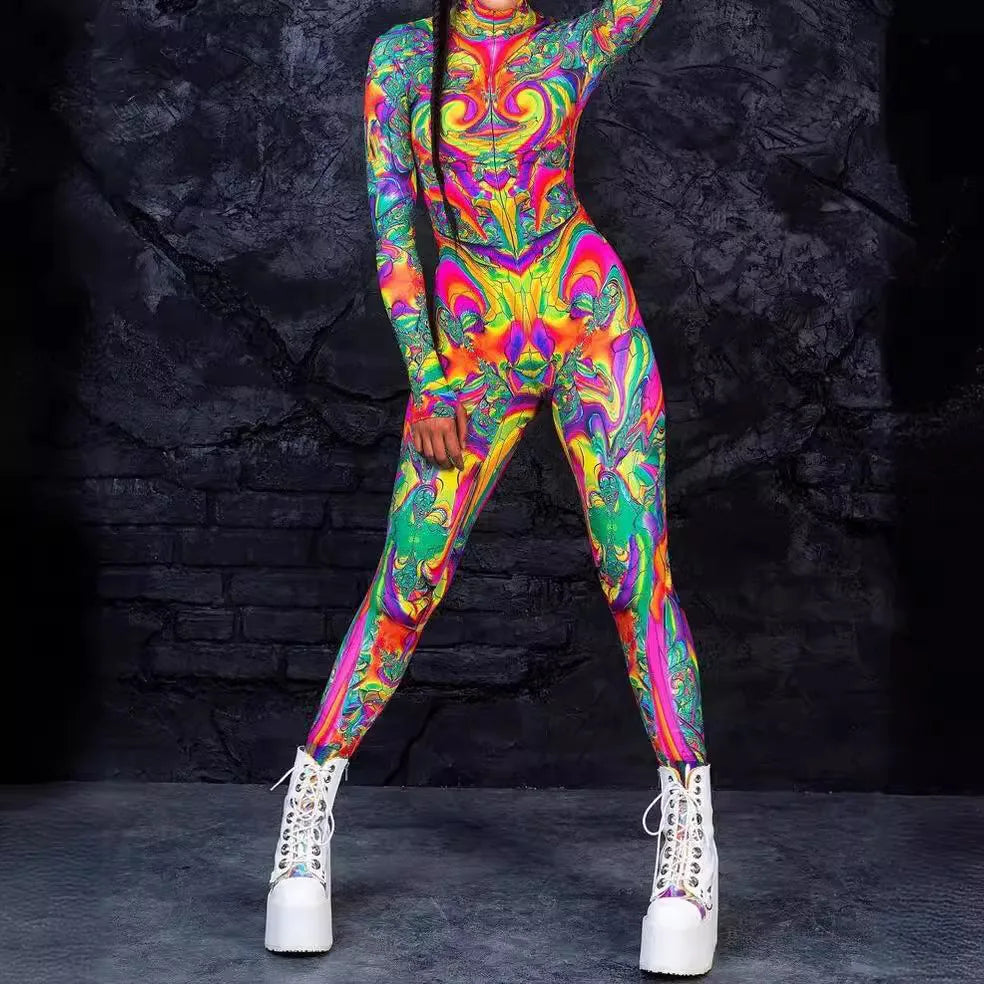 Colorful 3D Printing Women Holiday Party Cyber Punk Rainbow Jumpsuit Onesie Halloween Cosplay Costume Elastic Bodysuit Romper Festival Outfits | Techno Shirts | Rave Clothing