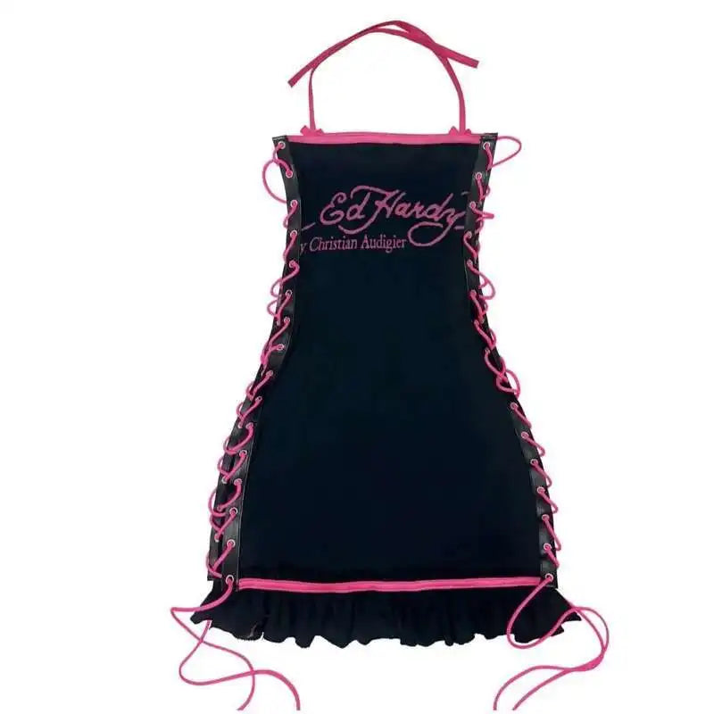 Totenkopf bedruckte Gothic-Minikleider für Damen, Schnürung, Neckholder, sexy Kleider, Slash-Ausschnitt, Y2k-Partykleider, A-Linie, figurbetontes Kleid für Damen Festival Outfits | Techno Shirts | Rave Clothing