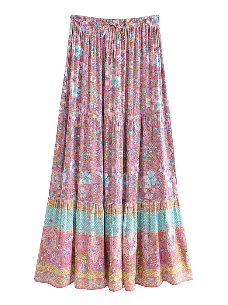 Vintage Chic Women Hippie Summer Tassel Elastic Waist Boho Skirt Blue Floral Printed Rayon Beach Bohemian Pleated Maxi Skirts FESTIVAL OUTFITS & STREETWEAR