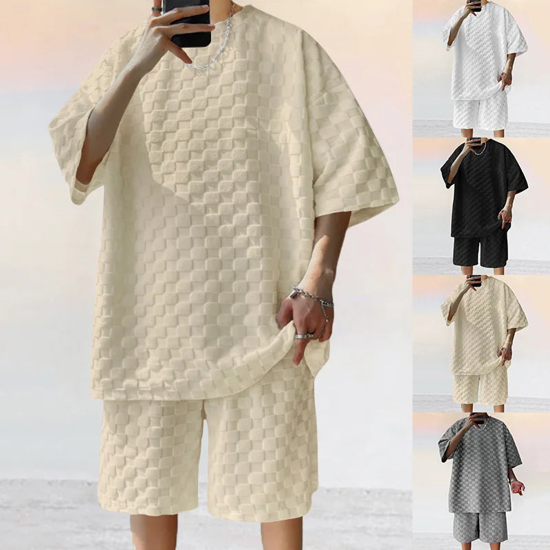 Men's Sports Suit Summer New Korean High Street Jacquard Plaid T-shirt Shorts Two-piece Set Male Casual Retro Loose O-neck Top FESTIVAL OUTFITS & STREETWEAR