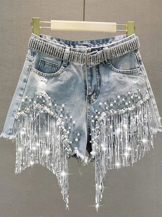 Summer Elegant Shorts Lady Tassel Beading High Waist Wide Leg Denim Shorts Female Casual Solid Shorts Jeans for Women Clothing FESTIVAL OUTFITS & STREETWEAR