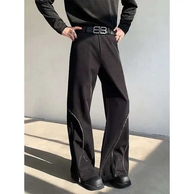 LUZHEN 2025 Frühjahr Neue Original Elegante Einfarbig Casual Hosen Herrenmode Zipper Bein Design Lose Männliche Horn Hosen LZ8361 Festival Outfits | Techno Shirts | Rave Clothing