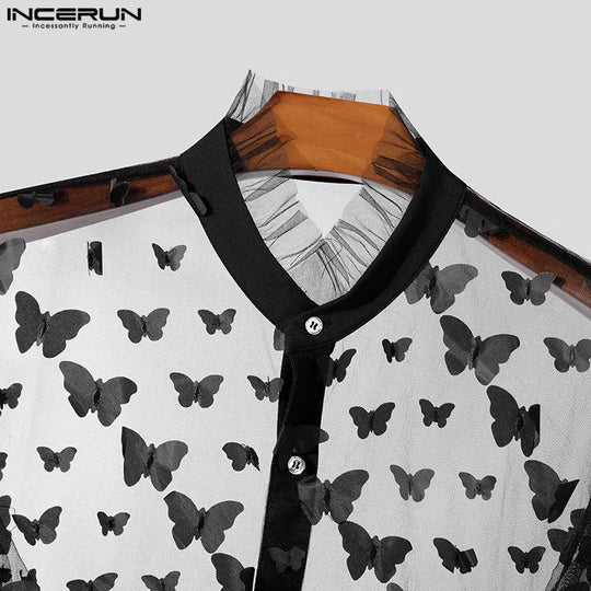 Fashion Party Shows Style Tops INCERUN 2024 Men Personality Print Shirt Sexy Casual Male Thin Cropped Short Sleeved Blouse S-5XL Festival Outfits | Techno Shirts | Rave Clothing