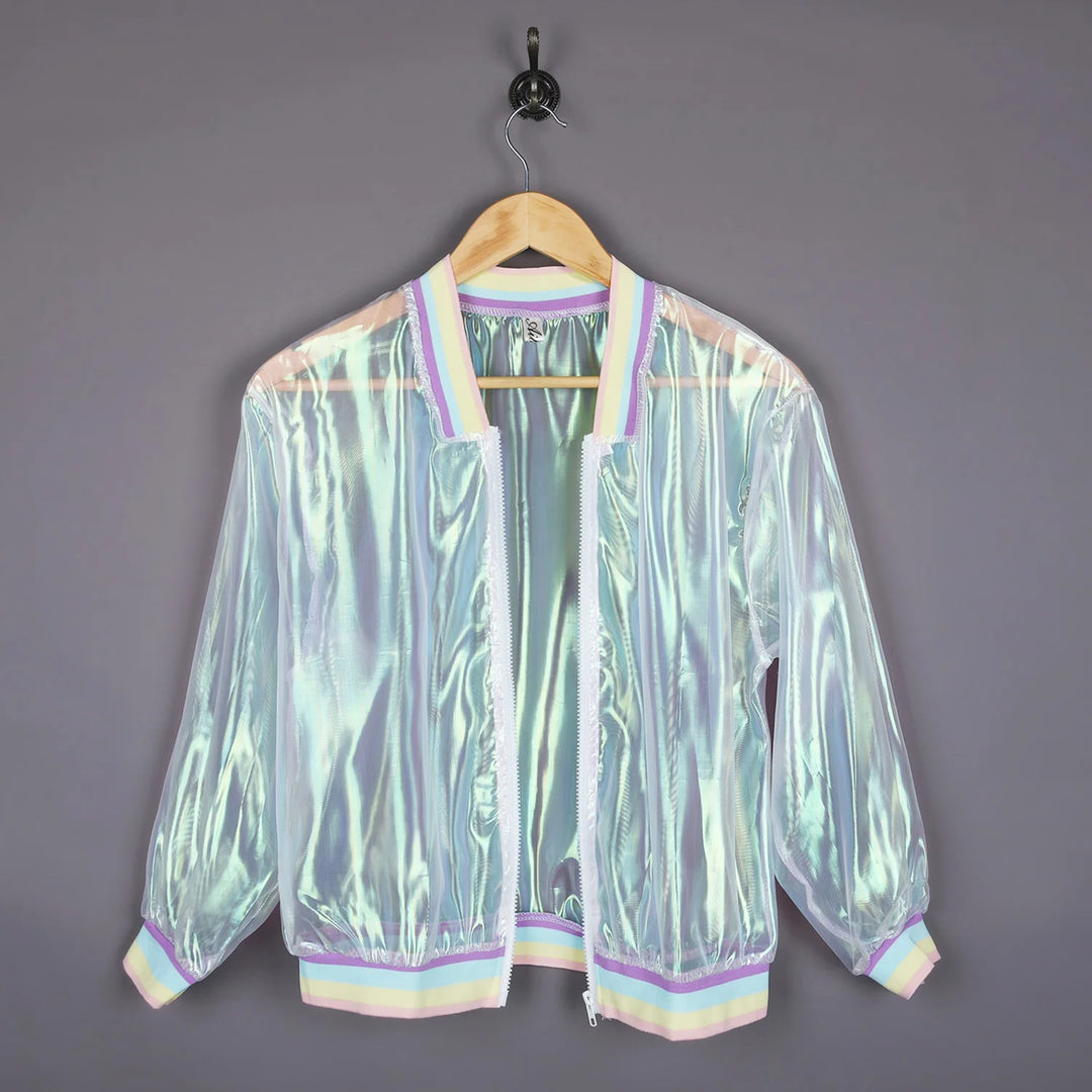 Women Iridescent Laser Transparent Coat Jacket Holographic Coat Rainbow Baseball Windbreaker Coats Woman Clothing FESTIVAL OUTFITS & STREETWEAR