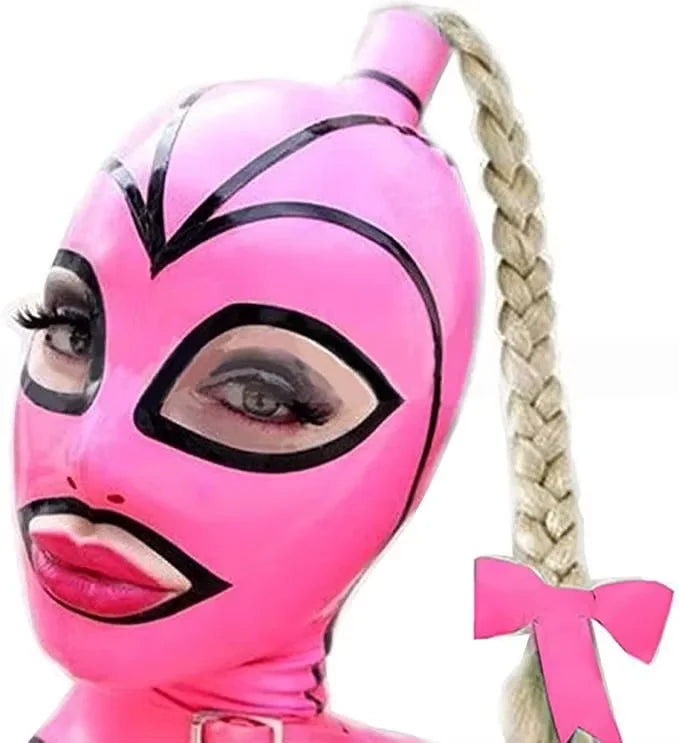 Pink Latex Fetish Hood Mask with Braided Hair Blond Ponytail Festival Outfits | Techno Shirts | Rave Clothing