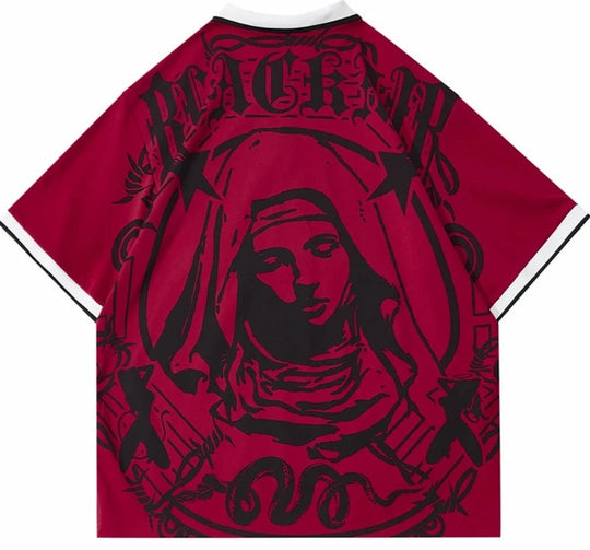 Hip Hop Streetwear Polo T-Shirt Virgin Mary Graphic T Shirt 2023 Men Polo Shirt Short Sleeve Harajuku Cotton Tops Tees Red Grey FESTIVAL OUTFITS & STREETWEAR