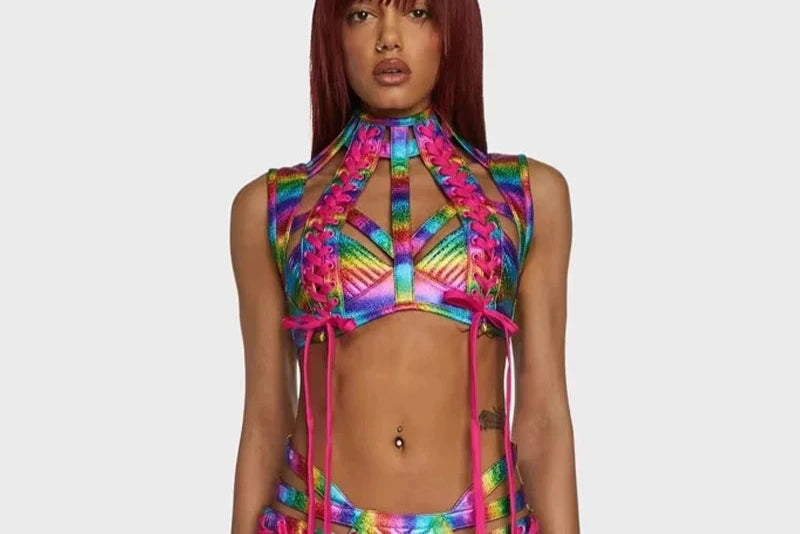 Frauen bunte Laser Bikini Anzug 6 Farben sexy Pole Dance Kleidung Bar Nachtclub DJ DS Stage Rave Outfits Gogo Kostüme Festival Outfits | Techno Shirts | Rave Clothing