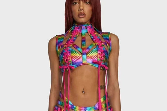 Frauen bunte Laser Bikini Anzug 6 Farben sexy Pole Dance Kleidung Bar Nachtclub DJ DS Stage Rave Outfits Gogo Kostüme Festival Outfits | Techno Shirts | Rave Clothing