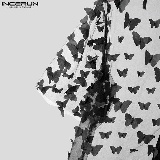 Fashion Party Shows Style Tops INCERUN 2024 Men Personality Print Shirt Sexy Casual Male Thin Cropped Short Sleeved Blouse S-5XL Festival Outfits | Techno Shirts | Rave Clothing
