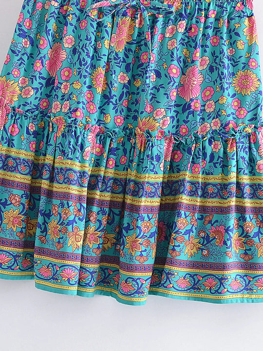 Boho Queens Sommer Hippie Frauen Rüschen Grün Floral Gedruckt Strand Rock Böhmischen Damen Rayon Baumwolle Boho Mini Röcke Oversize FESTIVAL OUTFITS & STREETWEAR