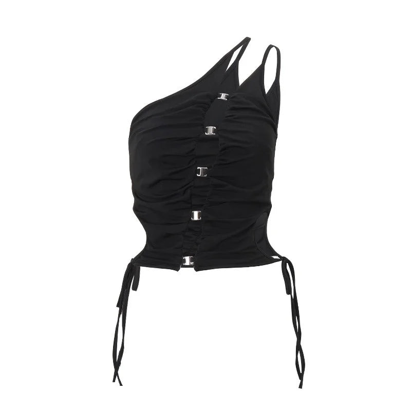 Eine Schulter schwarz Neck holder Top Frauen kantige Kleidung y2k Accessoires aushöhlen Rave Outfit Pailletten Korsett Shirring Ropa de Mujer FESTIVAL OUTFITS & STREETWEAR