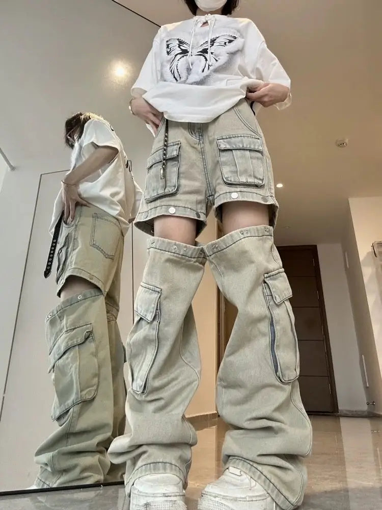 American New Detachable Design Sense Tooling Jeans Female Y2K Fashion Gothic Retro High Street Straight Small Vibe Waisted Pants FESTIVAL OUTFITS & STREETWEAR