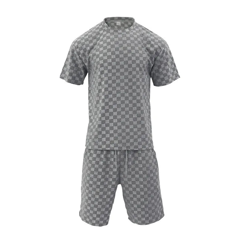 Men's Sports Suit Summer New Korean High Street Jacquard Plaid T-shirt Shorts Two-piece Set Male Casual Retro Loose O-neck Top FESTIVAL OUTFITS & STREETWEAR