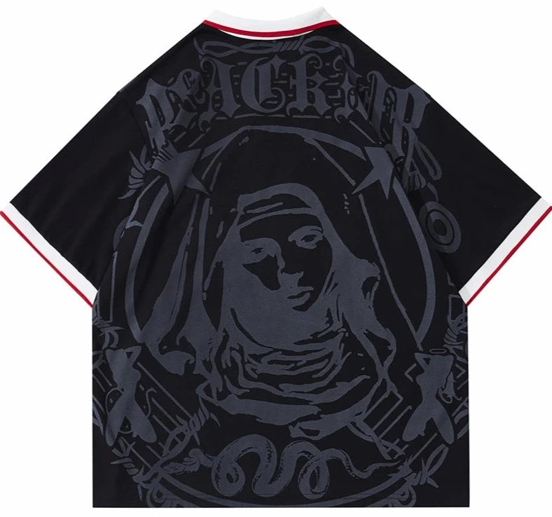 Hip Hop Streetwear Polo T-Shirt Virgin Mary Graphic T Shirt 2023 Men Polo Shirt Short Sleeve Harajuku Cotton Tops Tees Red Grey FESTIVAL OUTFITS & STREETWEAR