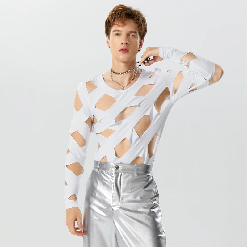 INCERUN Men Bodysuits Solid Color Hollow Out Sexy O-neck Long Sleeve Men T Shirts Rompers Streetwear 2024 Fashion Bodysuit S-3XL Festival Outfits | Techno Shirts | Rave Clothing