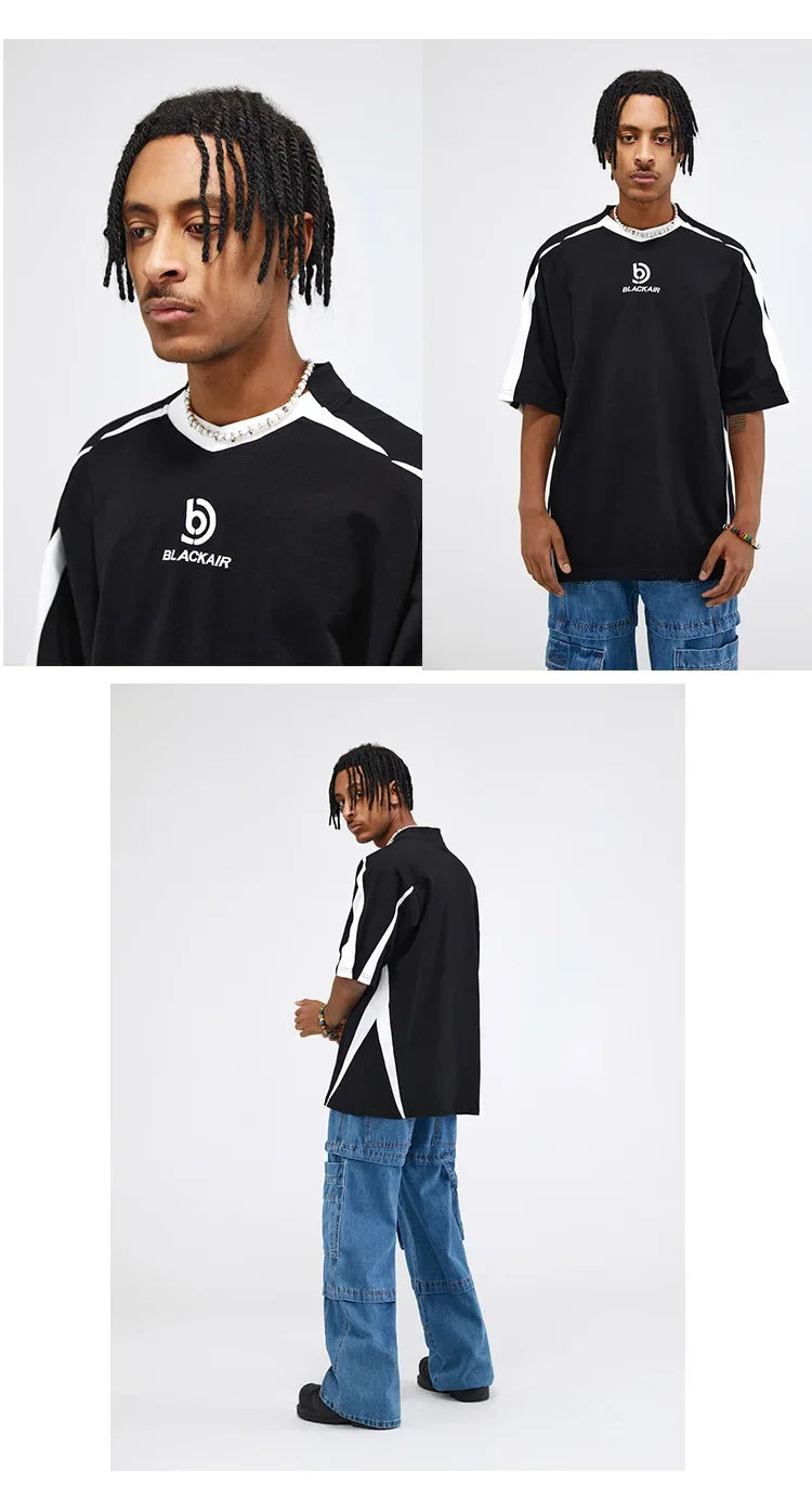 Vintage Spliced Shoulder Short Sleeve T-Shirt Men Women Summer Streetwear Oversize Pair Loose-Fit Top Round Neck Material Festival Outfits | Techno Shirts | Rave Clothing