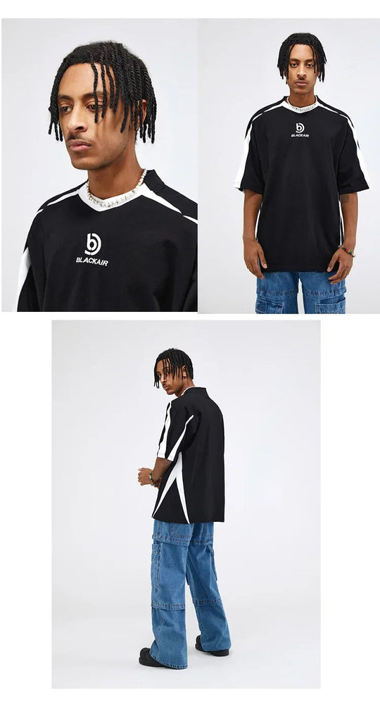 Vintage Spliced Shoulder Short Sleeve T-Shirt Men Women Summer Streetwear Oversize Pair Loose-Fit Top Round Neck Material Festival Outfits | Techno Shirts | Rave Clothing