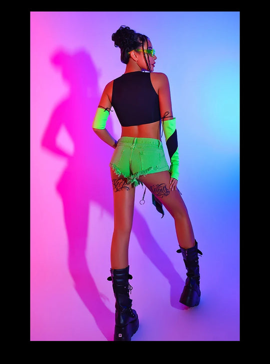 2023 Jazz Dance Costumes For Women Sexy Fluorescent Green Tops Shorts Kpop Outfits Nightclub Bar Gogo Dancers Clothes DQS12771 Festival Outfits | Techno Shirts | Rave Clothing