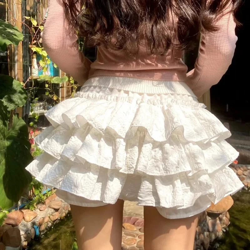 Kawaii Lolita Rock Shorts Frauen Sommer Rüschen Patchwork Layered Hohe Taille Nette Balletcore Mini Rock Tutu Petticoat Festival Outfits | Techno Shirts | Rave Clothing