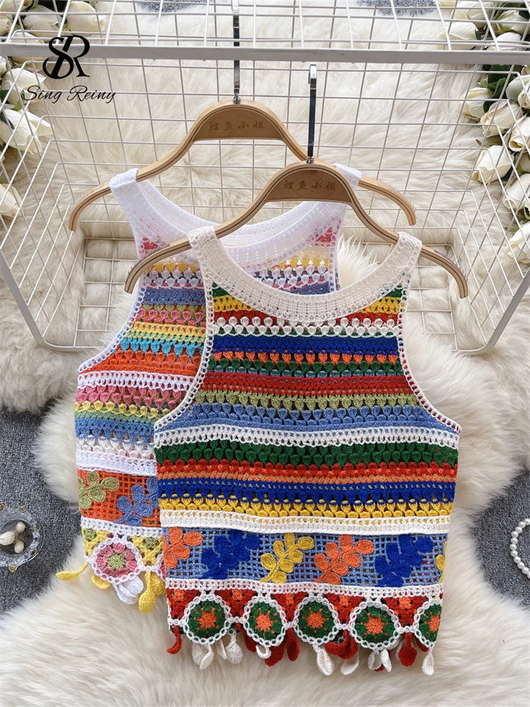 SINGREINY Bohemian Rainbow Knit Tops Y2k Hooked Flower Hollow Out Sleeveless Sweet Summer Women Holiday Beachwear Colorful Camis FESTIVAL OUTFITS & STREETWEAR