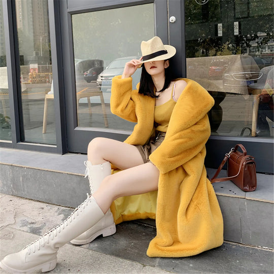 Lapel Faux Fur Coat Women Winter 2024 Long Orange Plush Coats Luxury Fluffy Jacket Teddy Pink Artificial Mink Fur Jacket Furry Festival Outfits | Techno Shirts | Rave Clothing