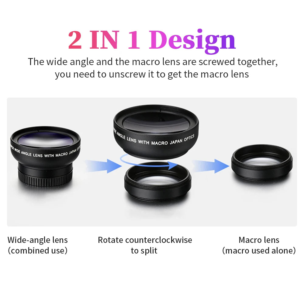 USLION 2 in 1 Phone Lens kit 0.45x Ultra Wide Angle Macro External Cellphones Lens HD Camera Universal Clip 37mm For iPhone Andr Festival Shirts