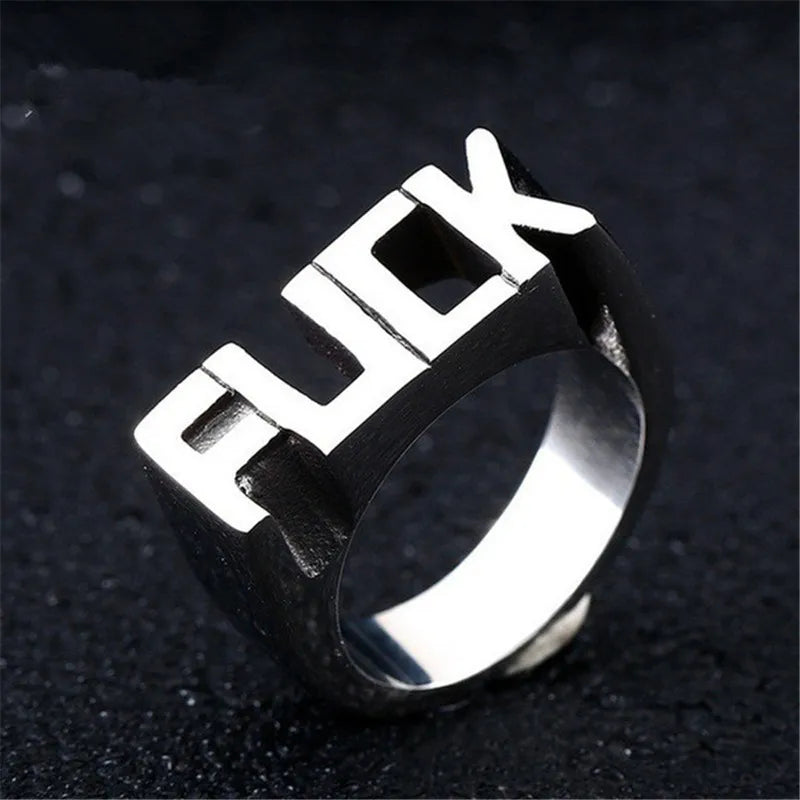 Retro f Wort Buchstaben Ring für Männer Silber Farbe Vintage Punk Gothic Rock HipHop Ring kreative Unisex Accessoires Designer Schmuck Festival Outfits | Techno Shirts | Rave Clothing