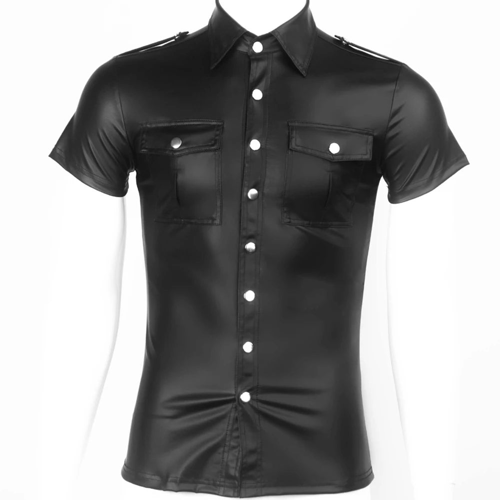 Männer Kunstleder Uniform Hemd Kragen Kurzarm T-Shirt Wet Look Top Bluse Button Up T-Shirt Nachtclub Bühne Kostüme Tops Festival Outfits | Techno Shirts | Rave Clothing