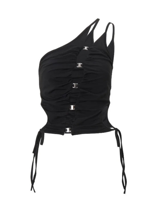 Eine Schulter schwarz Neck holder Top Frauen kantige Kleidung y2k Accessoires aushöhlen Rave Outfit Pailletten Korsett Shirring Ropa de Mujer FESTIVAL OUTFITS & STREETWEAR