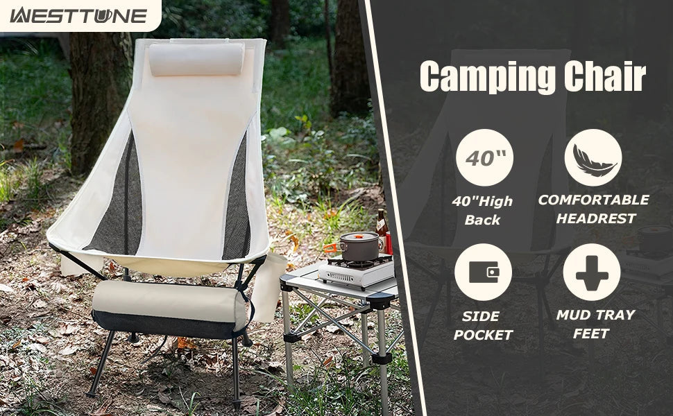 WESTTUNE Tragbarer, zusammenklappbarer Campingstuhl mit Kopfstütze, leichte Touristenstühle, Angelstuhl aus Aluminiumlegierung, Gartenmöbel Festival Outfits | Techno Shirts | Rave Clothing