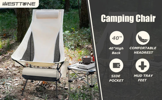 WESTTUNE Tragbarer, zusammenklappbarer Campingstuhl mit Kopfstütze, leichte Touristenstühle, Angelstuhl aus Aluminiumlegierung, Gartenmöbel Festival Outfits | Techno Shirts | Rave Clothing