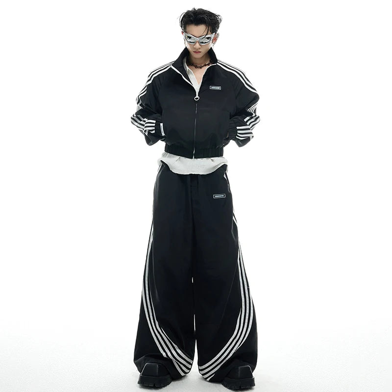 LUZHEN 2025 Neue Streifen Gedruckt Baggy Breite Bein Straße Sport Hosen Männer Stilvolle Frauen Paare Stehen Neck Casual jacke JY1403 Festival Outfits | Techno Shirts | Rave Clothing