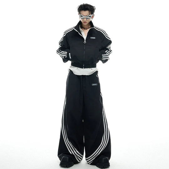 LUZHEN 2025 Neue Streifen Gedruckt Baggy Breite Bein Straße Sport Hosen Männer Stilvolle Frauen Paare Stehen Neck Casual jacke JY1403 Festival Outfits | Techno Shirts | Rave Clothing