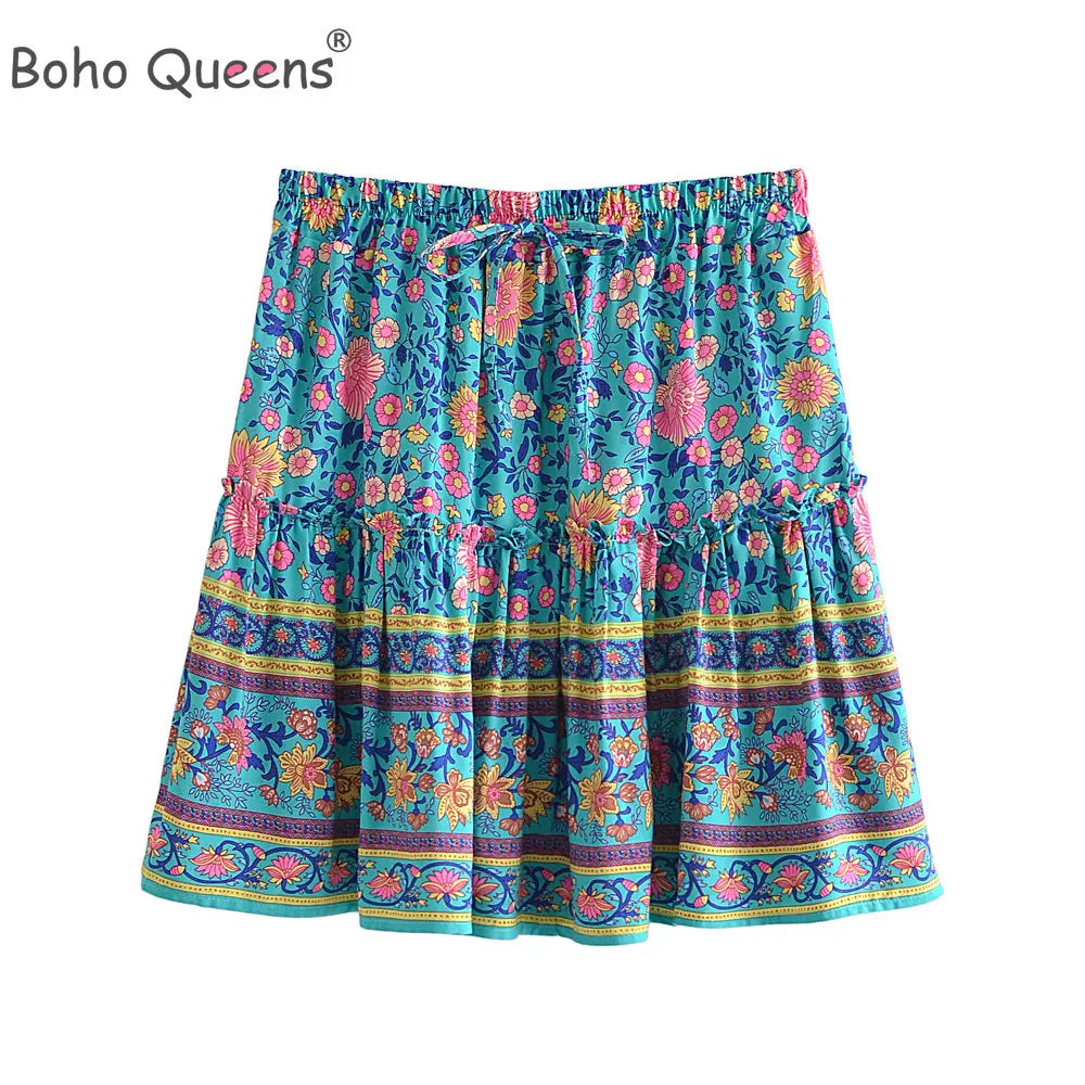 Boho Queens Sommer Hippie Frauen Rüschen Grün Floral Gedruckt Strand Rock Böhmischen Damen Rayon Baumwolle Boho Mini Röcke Oversize FESTIVAL OUTFITS & STREETWEAR