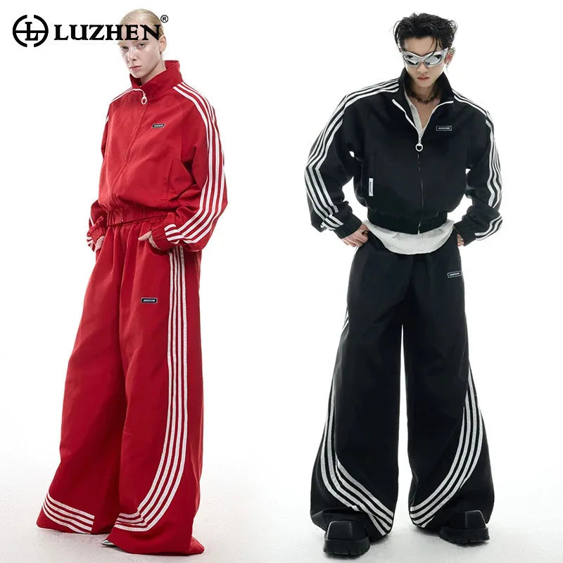LUZHEN 2025 Neue Streifen Gedruckt Baggy Breite Bein Straße Sport Hosen Männer Stilvolle Frauen Paare Stehen Neck Casual jacke JY1403 Festival Outfits | Techno Shirts | Rave Clothing