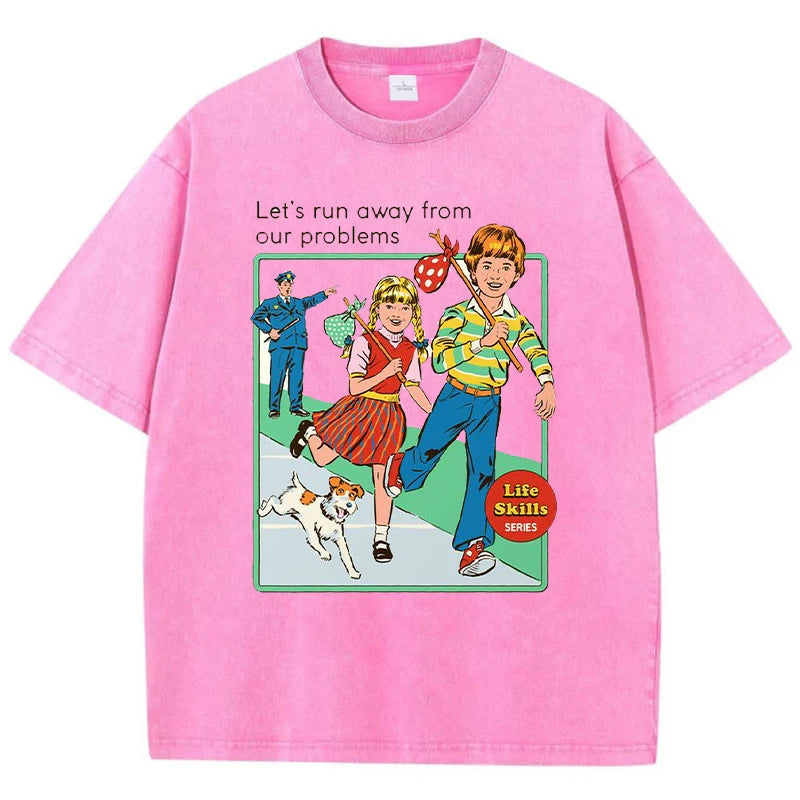 Let' Run Away From Our Problems Print Damen Distress T-Shirts Sommermode gewaschenes T-Shirt atmungsaktive T-Shirts weiche Kleidung Festival Outfits | Techno Shirts | Rave Clothing