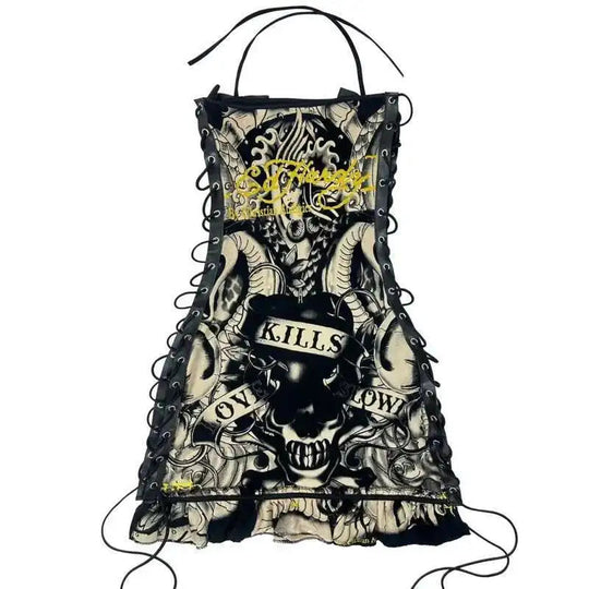 Totenkopf bedruckte Gothic-Minikleider für Damen, Schnürung, Neckholder, sexy Kleider, Slash-Ausschnitt, Y2k-Partykleider, A-Linie, figurbetontes Kleid für Damen Festival Outfits | Techno Shirts | Rave Clothing